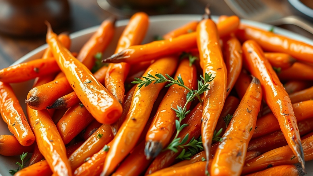 Savory Roasted Carrots with Thyme Recipe Roasted carrots with thyme on a rustic platter, highlighting their caramelized edges and vibrant color.